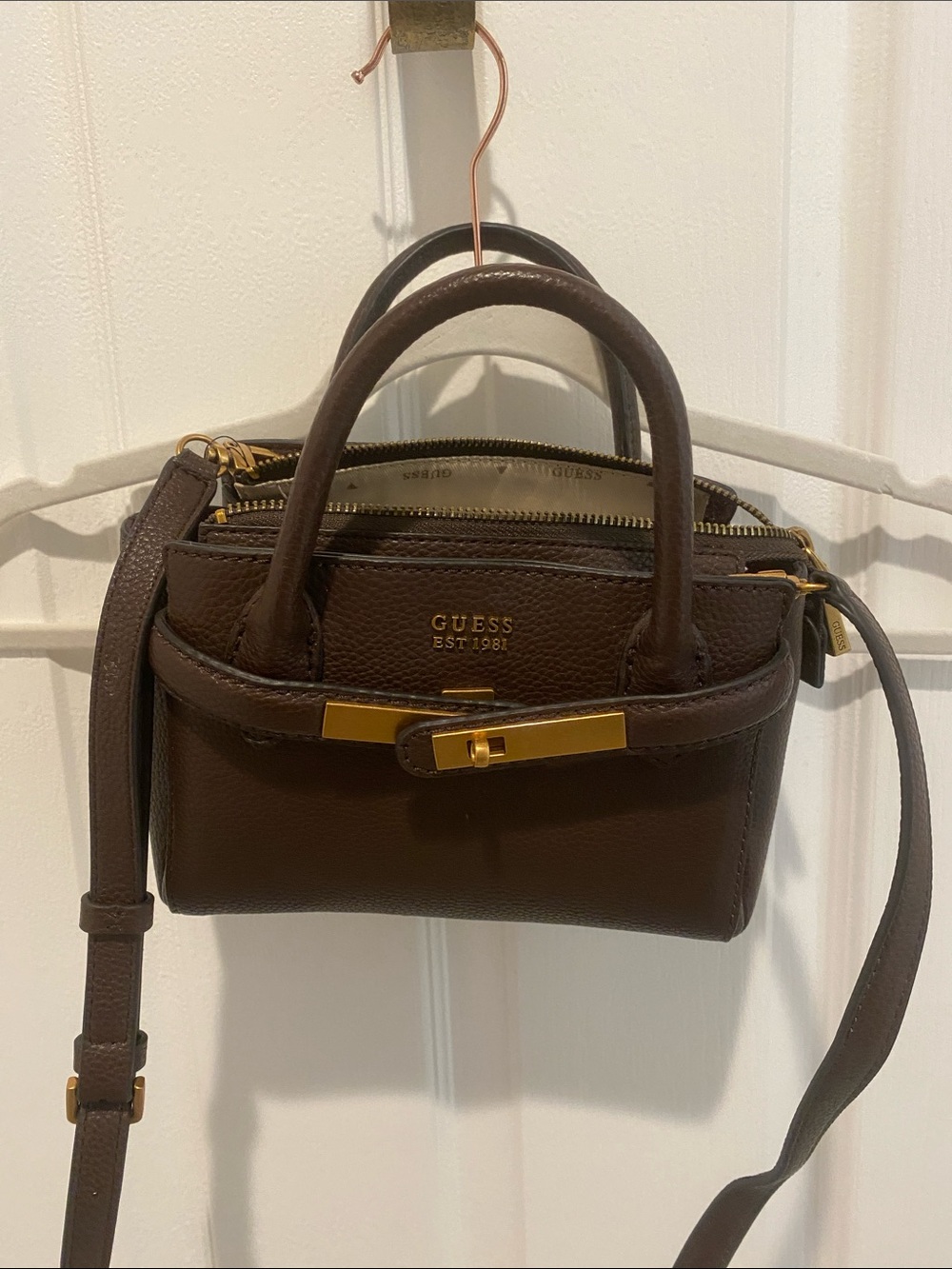 GUESS Dark Brown Mini Leather Satchel with Gold Hardware